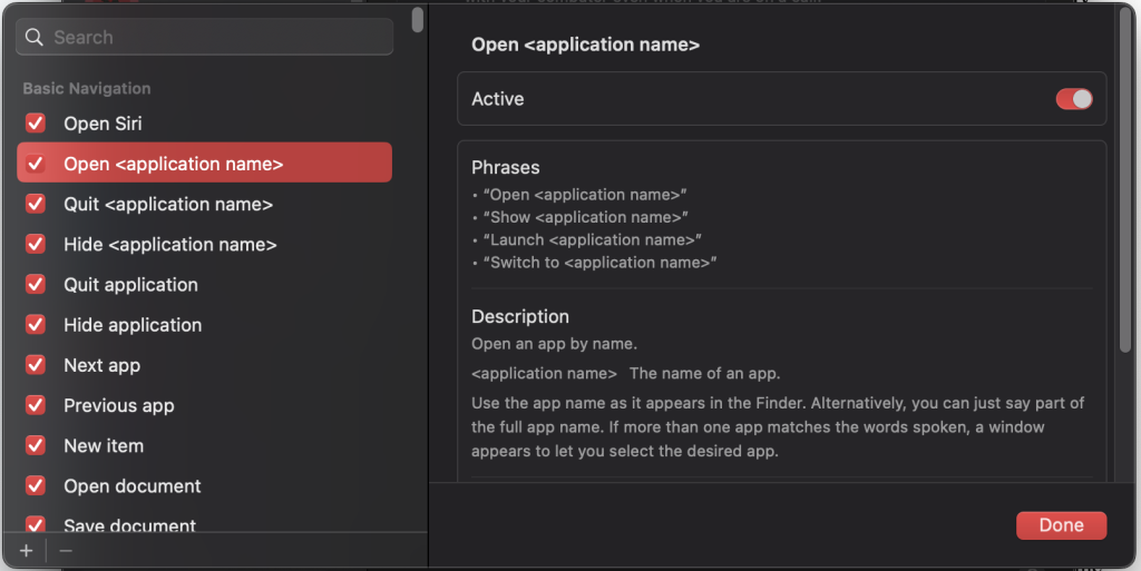 Screenshot of macOS Settings menu, found by clicking System Settings > Voice Control > Commands, showing pre-saved voice commands and a place to add new commands